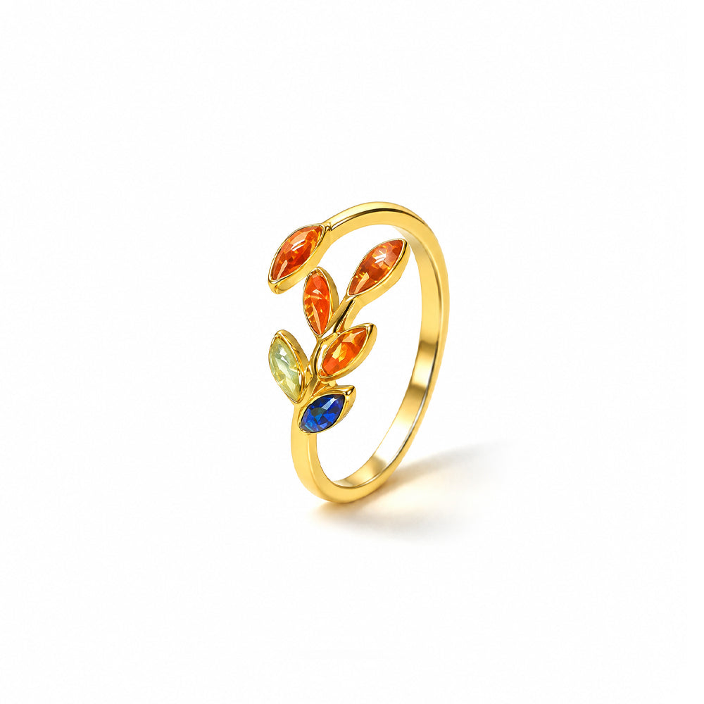 Dunhuang-Colored Olive Branch Ring Inlaid with Colored Stones