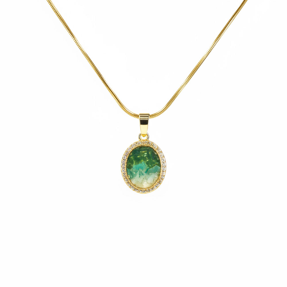 Color Stone Inlay Necklace – Round Bean, Emerald Green