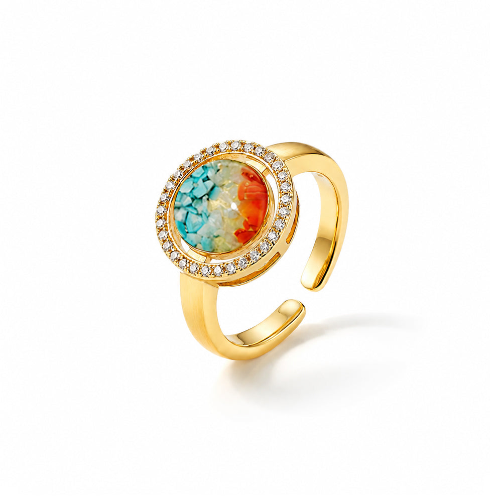Dunhuang-Colored Big Round Bean Ring Inlaid with Colored Stones