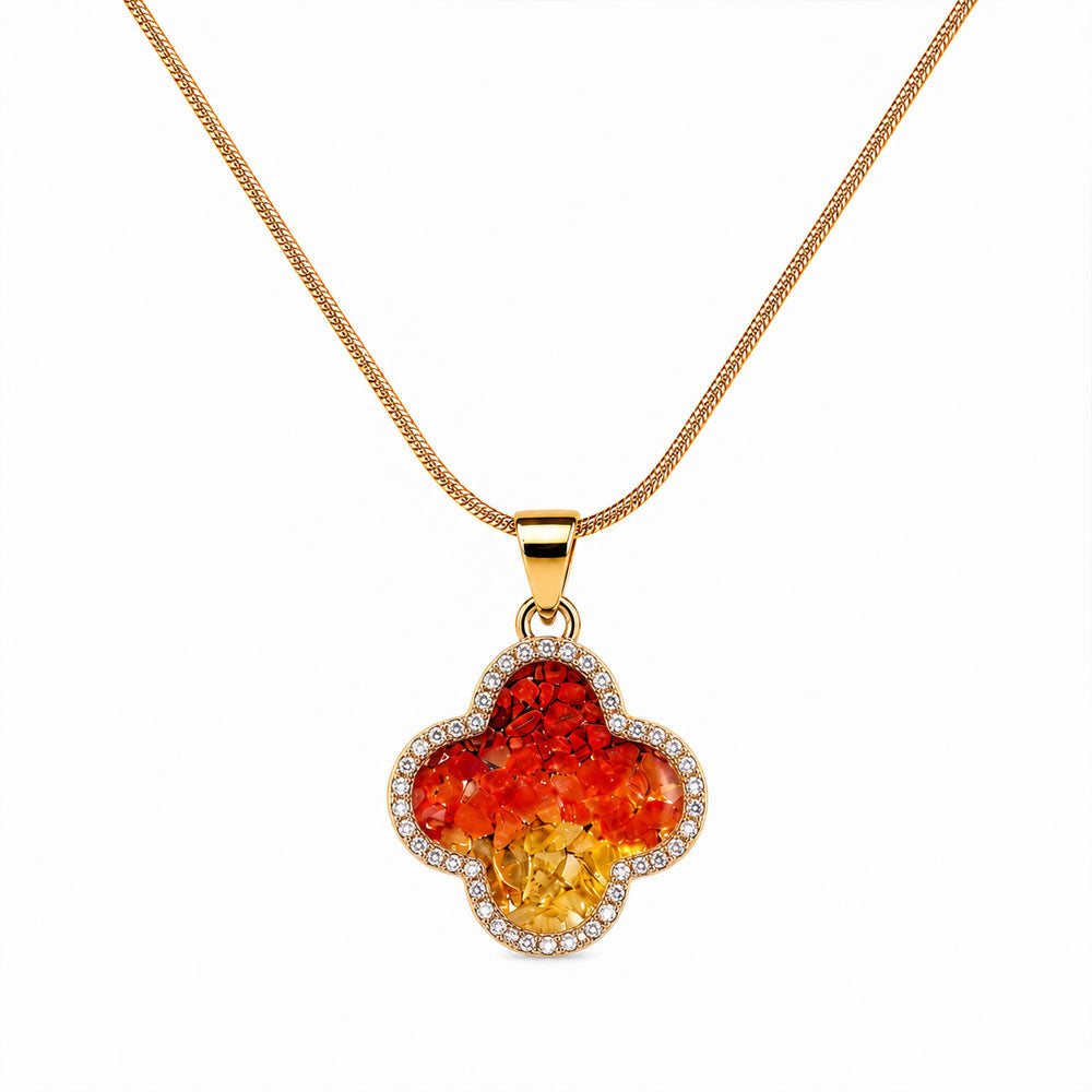 Color Stone Inlay Necklace – Zircon & Four-Leaf Clover, Red