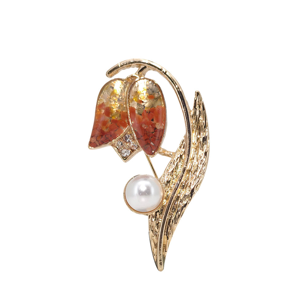 Red Tulip Brooch with Colored Stone Inlay