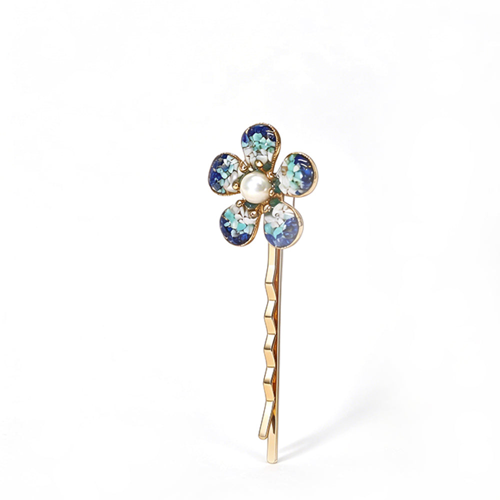 Colorful Stone Inlaid Lapis Lazuli Plum Blossom Shaped Hair Clip, Blue and White Style
