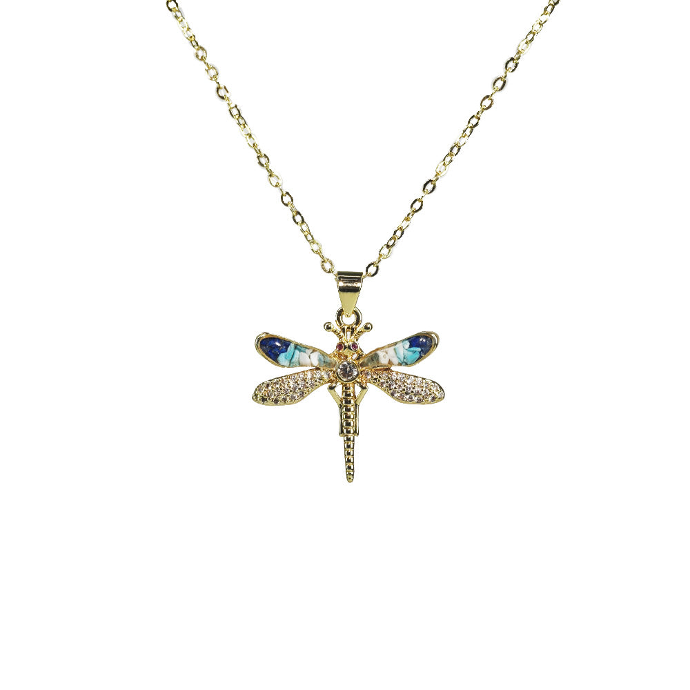 Color Stone Inlay Dragonfly Necklace – Blue and white porcelain series