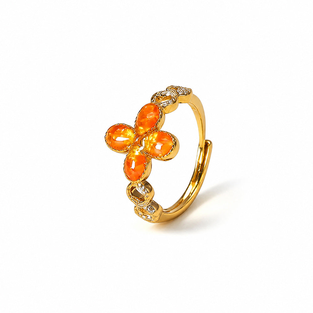 Colored Stone Inlaid Prosperous Red Four-Leaf Clover Ring