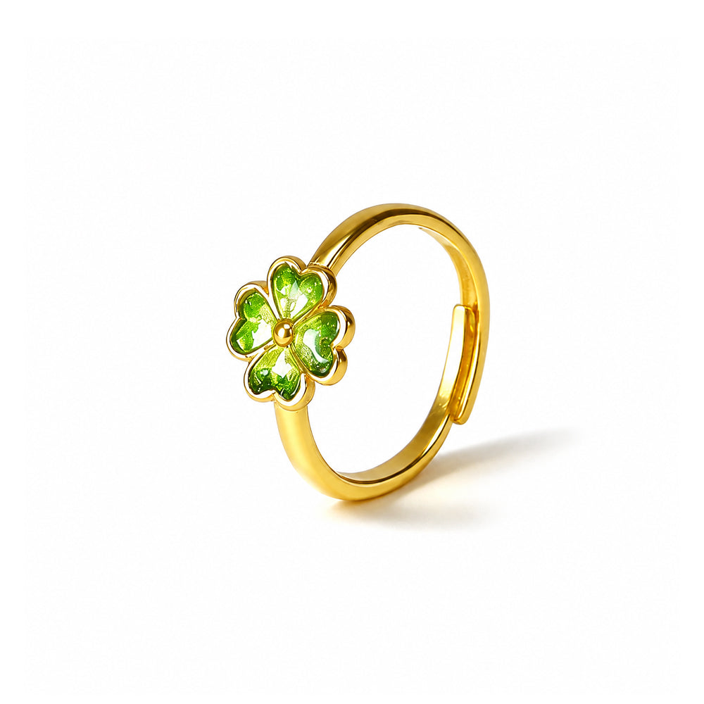 Adjustable Emerald Green Four-Leaf Clover Ring with Colorful Stone Inlay