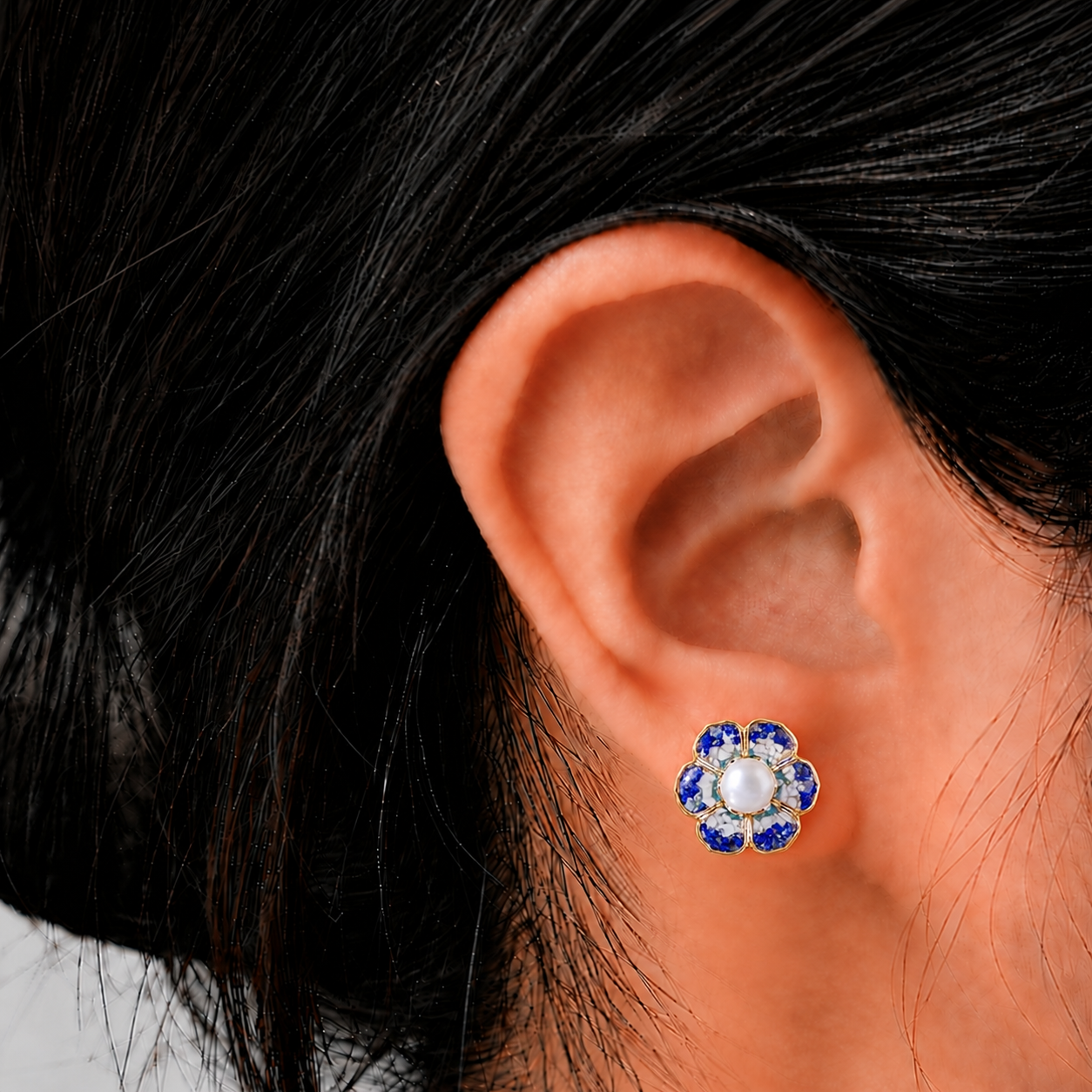 Color Stone Inlay Plum Gradient Baoxiang Flower Stud Earrings