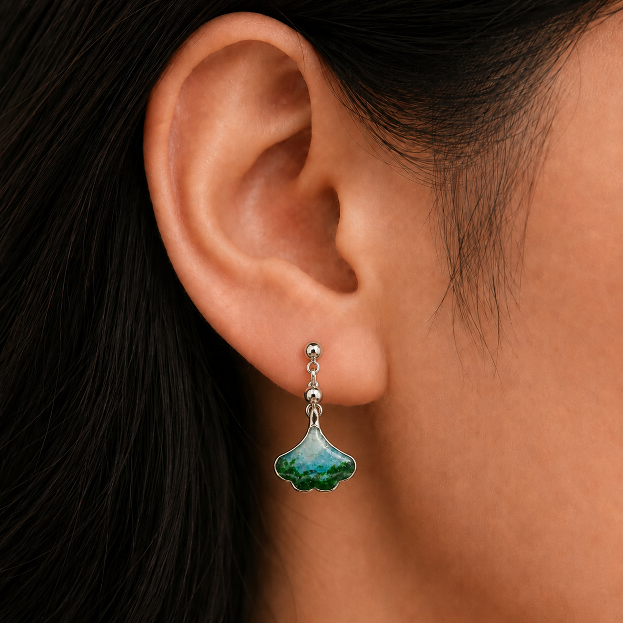 Color Stone Inlay Studs – Ginkgo Leaf, Emerald Green