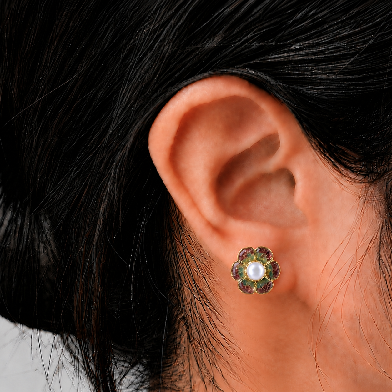 Color Stone Inlay Plum Gradient Baoxiang Flower Stud Earrings