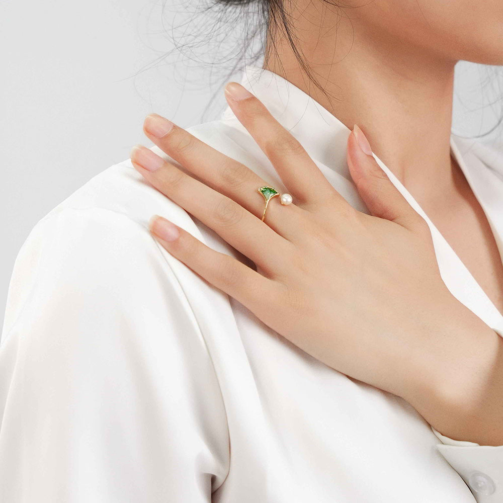 Rainbow Stone Inlay Jadeite Green Gradient Ginkgo Leaf Pearl Ring