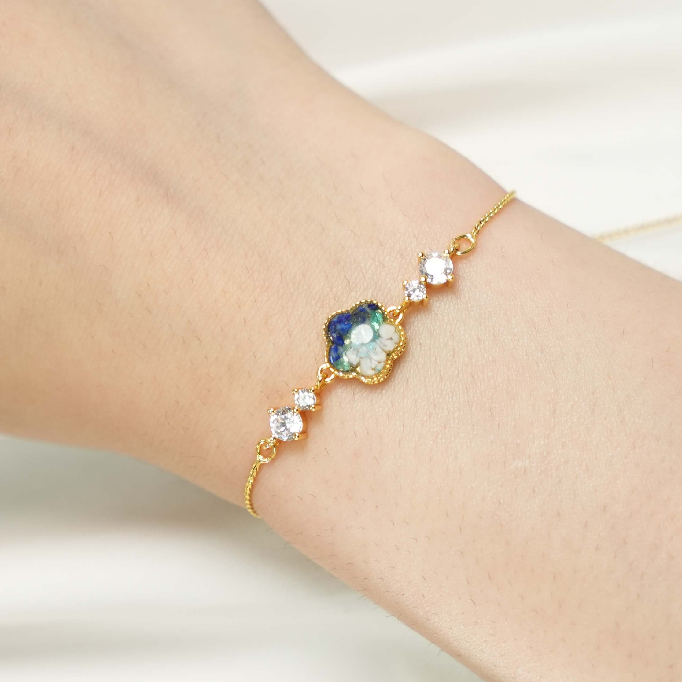 Color Stone Inlay Bracelet – Plum Blossom with Crystals, Blue & White