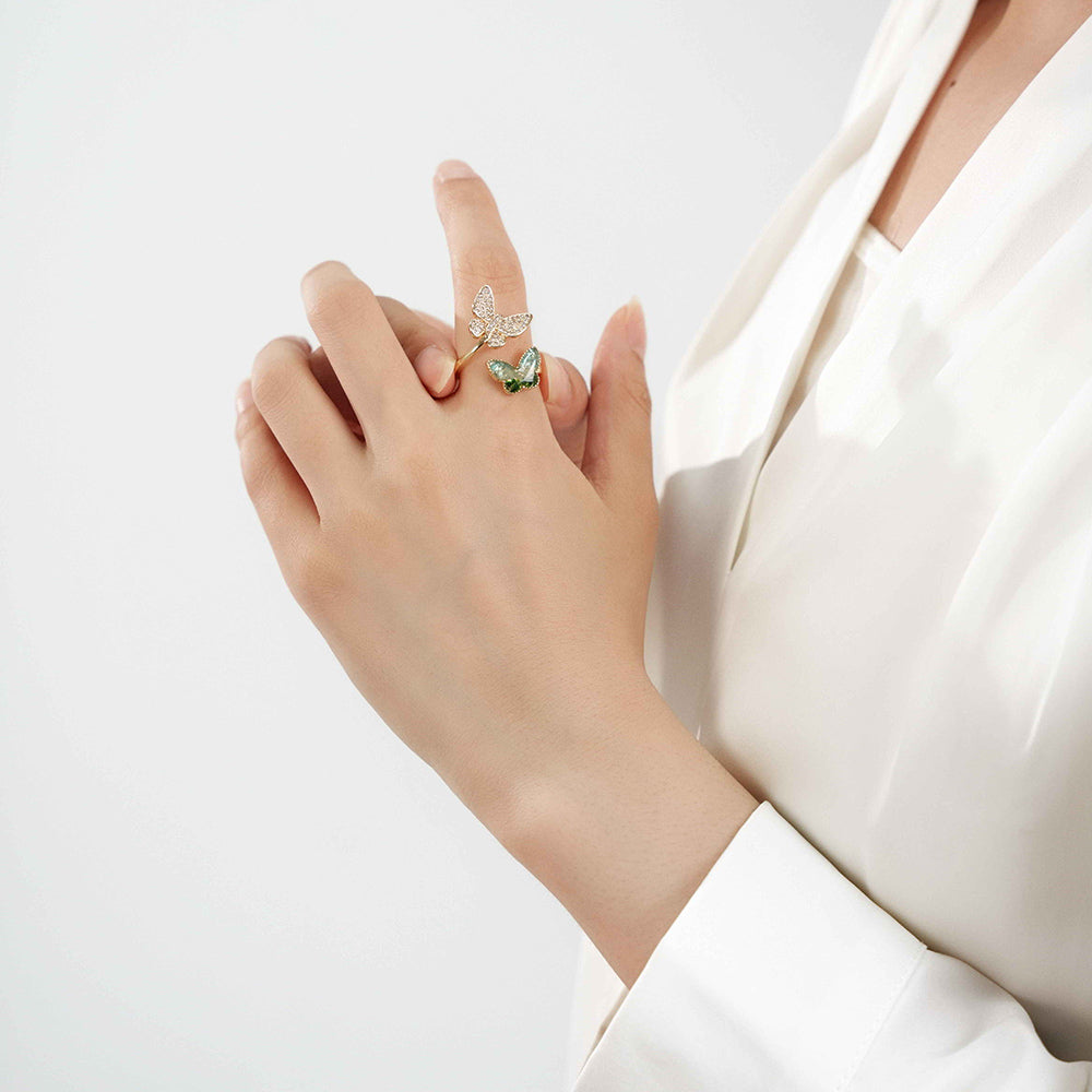 Color Stone Inlay Light Green Gradient Butterfly Ring – C Style