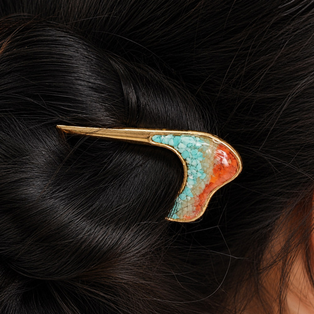 Color Stone Inlay Nanhong Freeform Hairpin, Dunhuang Red