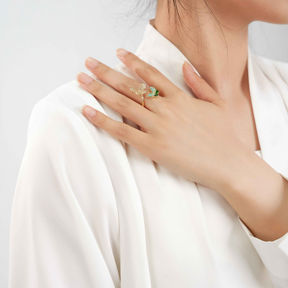 Color Stone Inlay Light Green Gradient Butterfly Ring – C Style