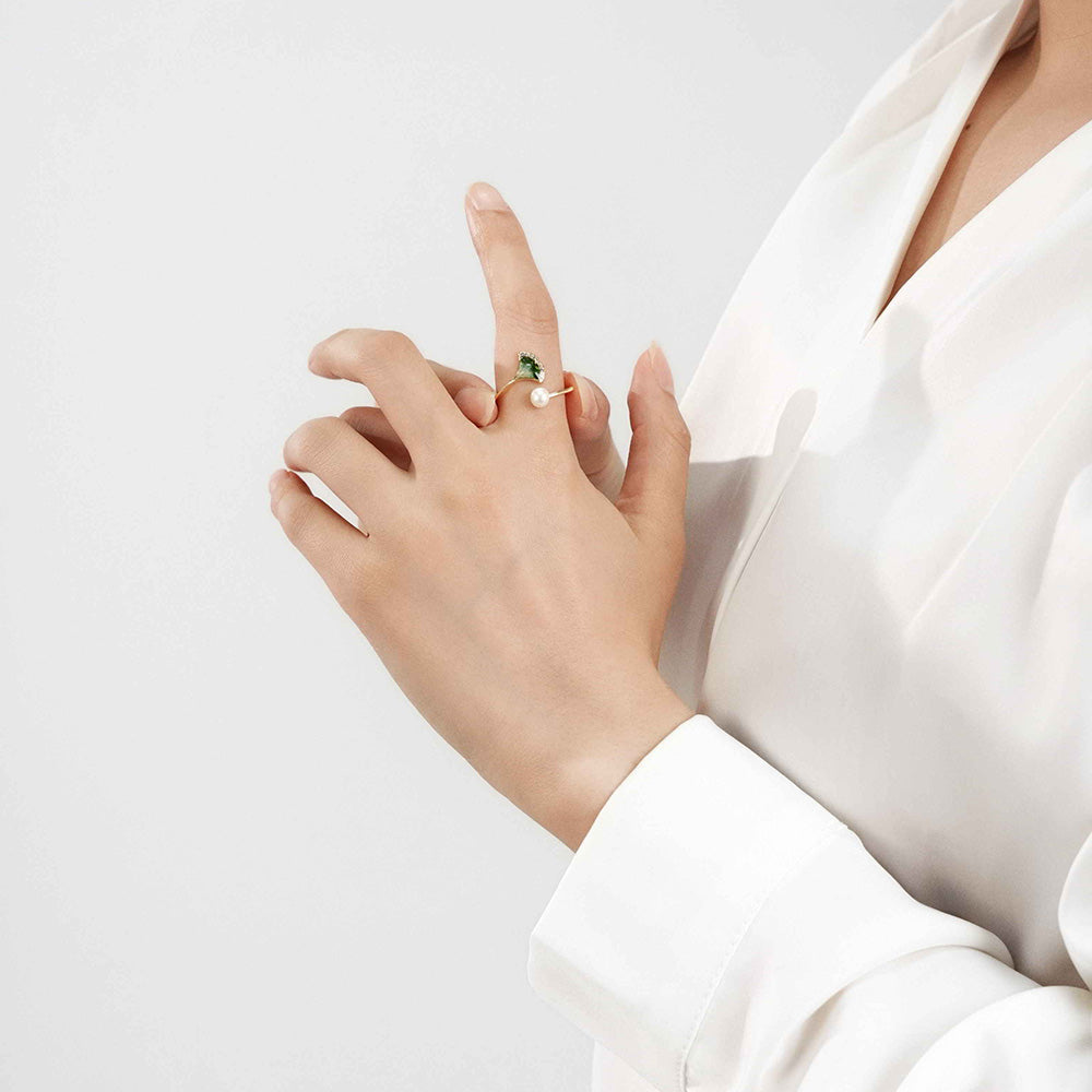 Rainbow Stone Inlay Jadeite Green Gradient Ginkgo Leaf Pearl Ring
