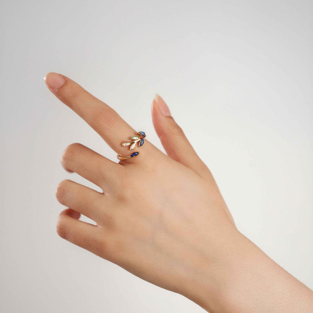 Color Stone Inlay Adjustable Ring – Olive Branch, Blue-and-White