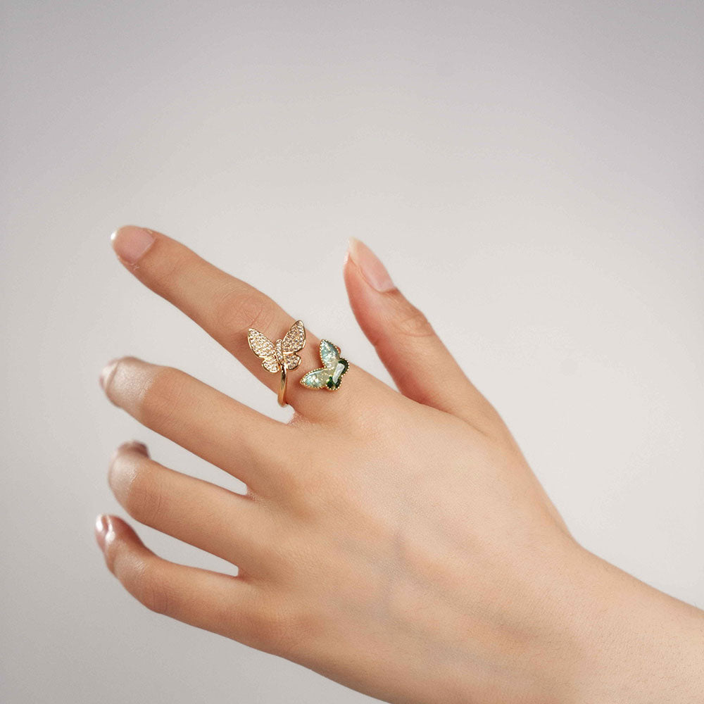 Color Stone Inlay Light Green Gradient Butterfly Ring – C Style