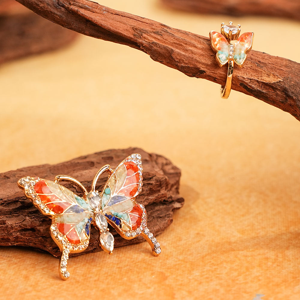 Luminous Butterfly Shadow Dunhuang Metamorphosis Brooch + Ring Bundle