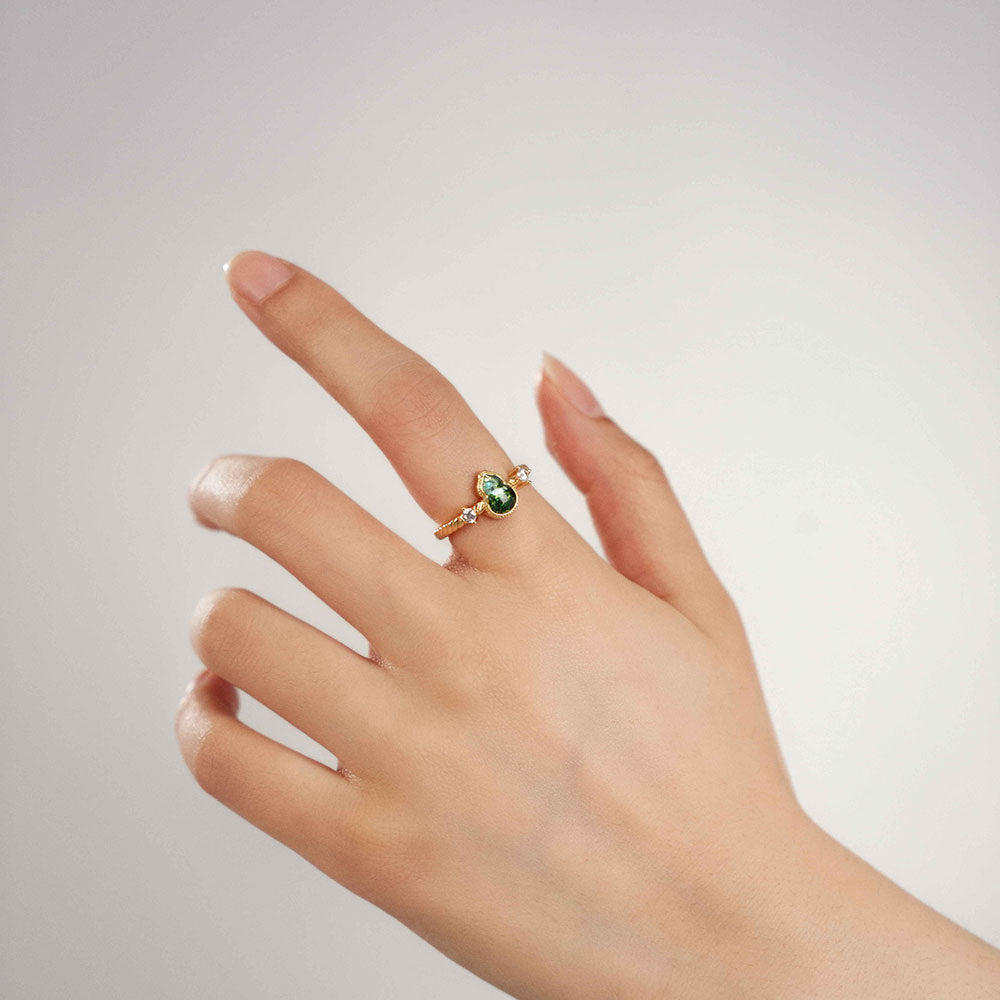 Jadeite Green Gourd Ring Inlaid with Colored Stones