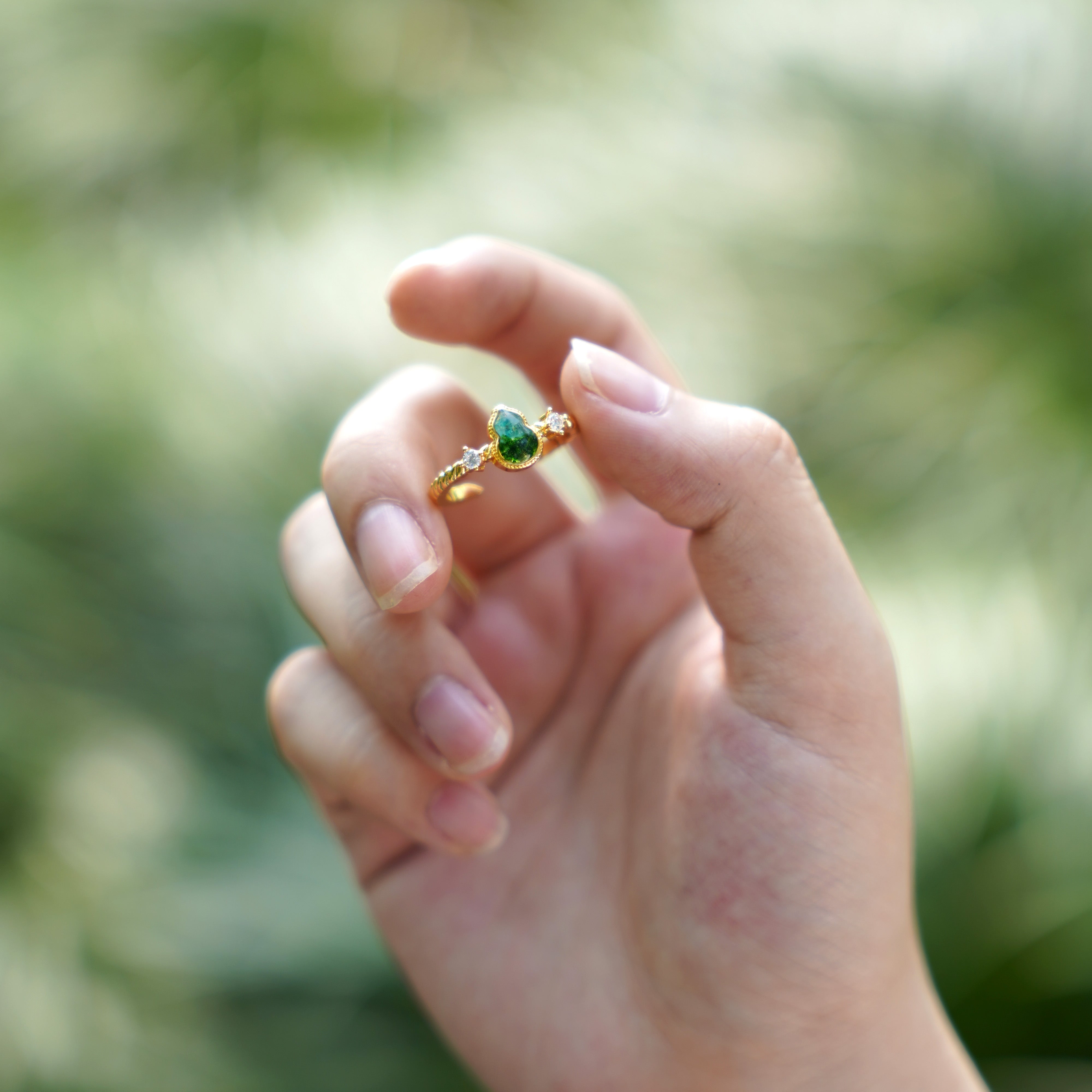 Jadeite Green Gourd Ring Inlaid with Colored Stones