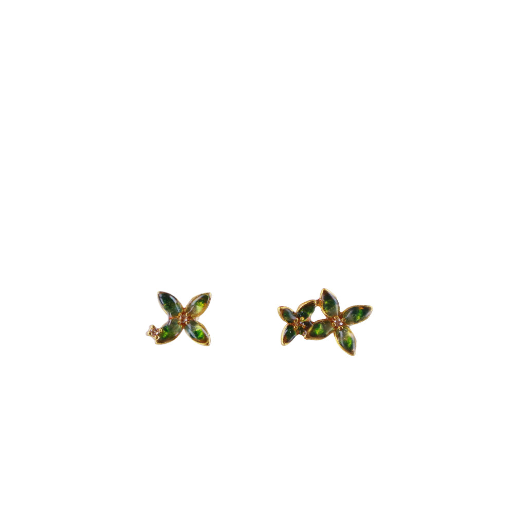 Jade Green Asymmetrical Osmanthus Stone Inlay Earrings