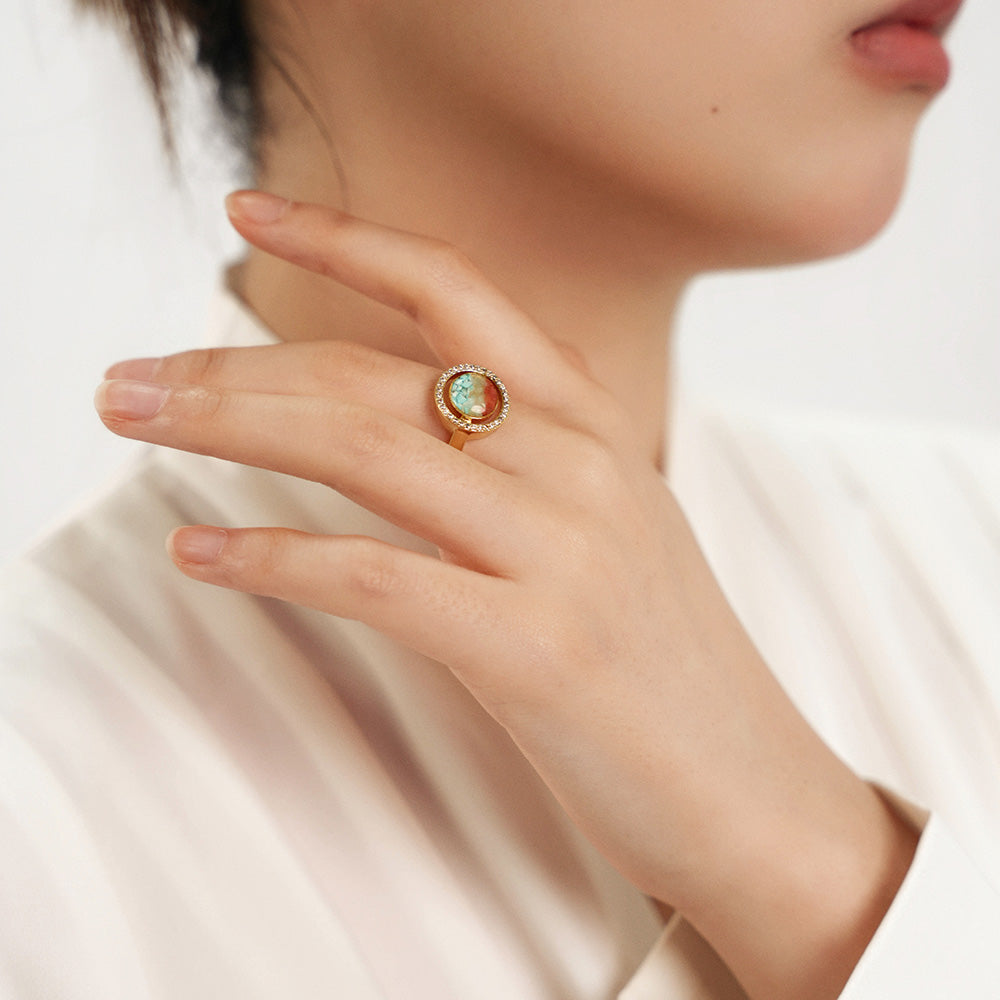 Dunhuang-Colored Big Round Bean Ring Inlaid with Colored Stones