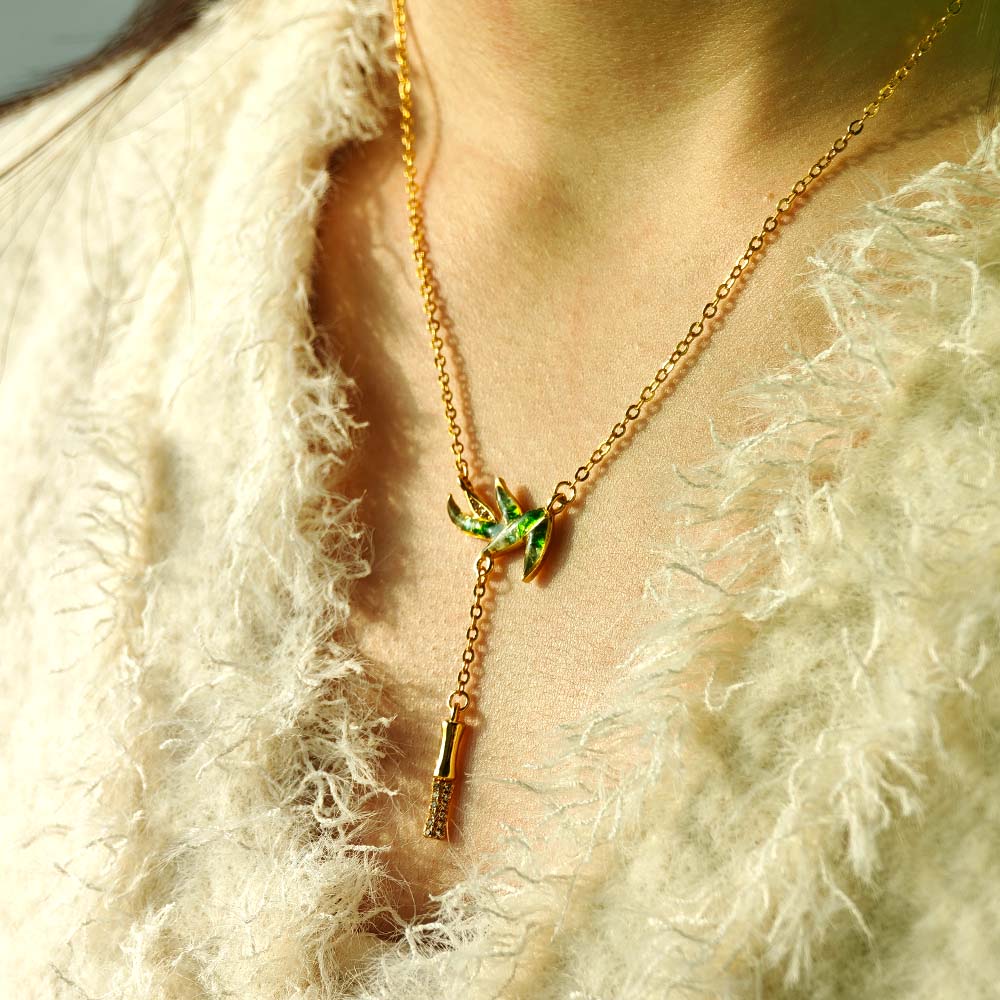 Jadeite Bamboo Leaf Necklace with Colored Stone Inlay