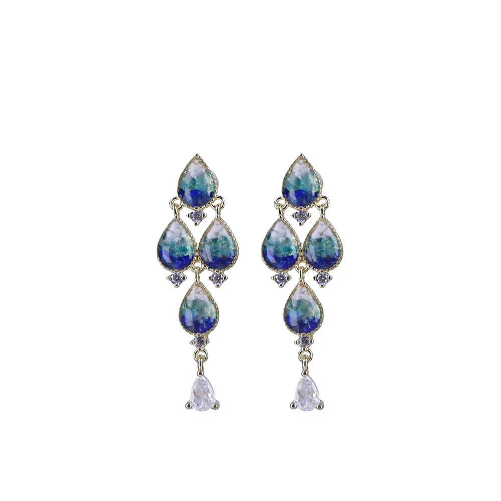 Colored Stone Inlaid Earrings Blue-and-White Porcelain Waterdrop B Style
