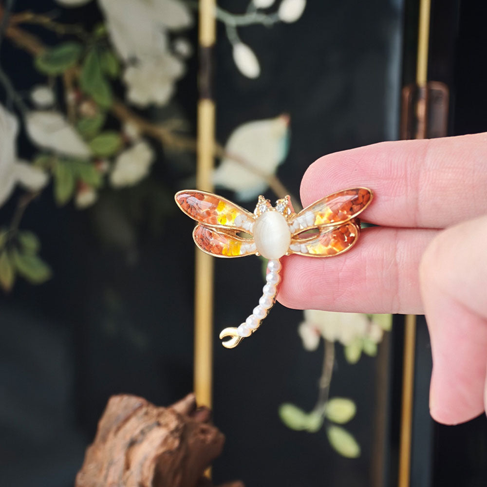Color Stone Inlay Brooch Dragonfly, Prosperous Red