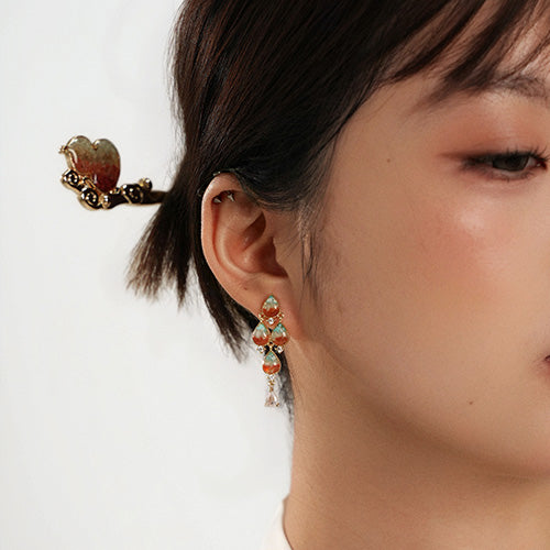 Color Stone Inlay Stud Earrings – Dunhuang Red Nanhong Teardrop