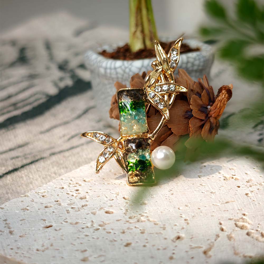 Jadeite Bamboo Section Brooch with Color Stone Inlay