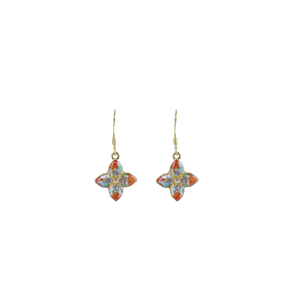 Color Stone Inlay Pointed Four-Leaf Clover Hook Earrings - Dunhuang Series