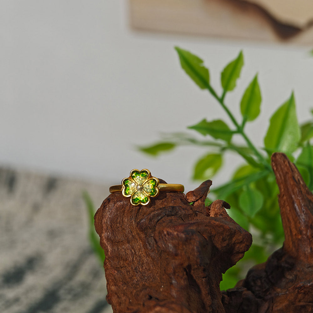 Adjustable Emerald Green Four-Leaf Clover Ring with Colorful Stone Inlay