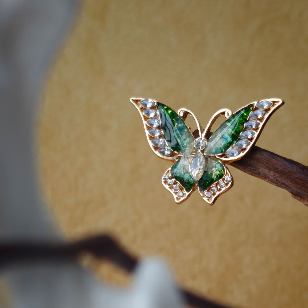 Jade Green Stone Inlay Flying Butterfly Brooch