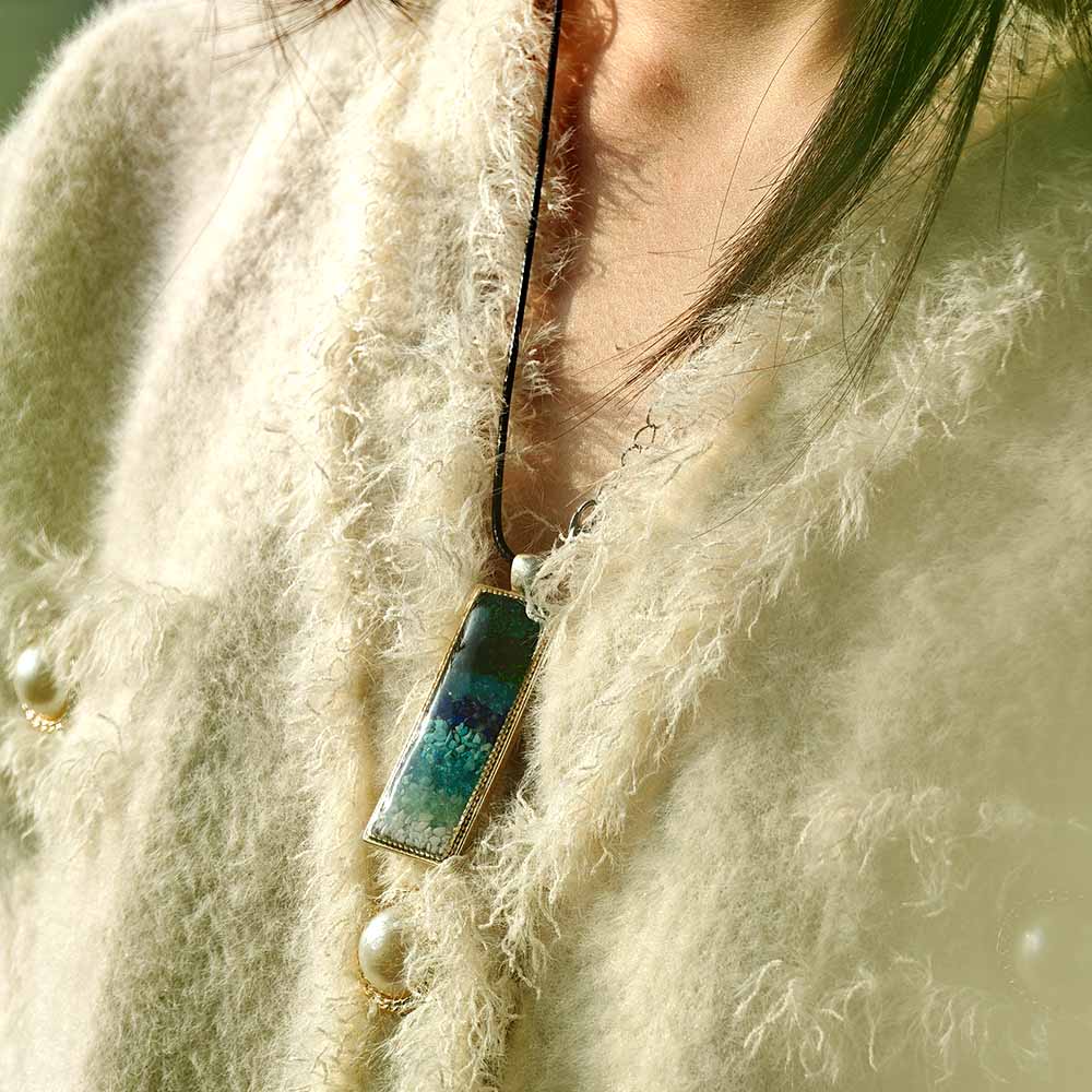 Rectangular Necklace with Colorful Stone Inlay in Azure-Green Landscape Design