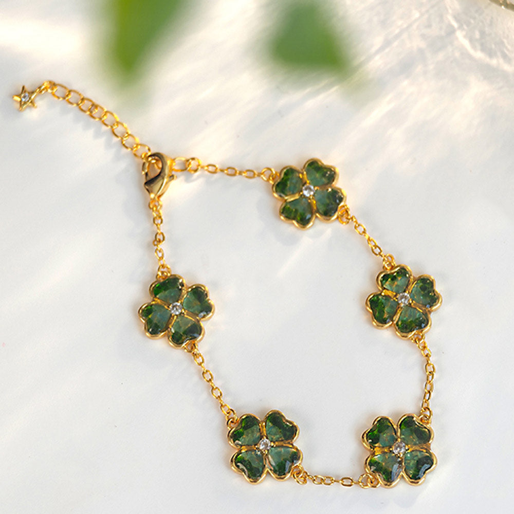 Clover-Shaped Gemstone Inlay Bracelet, Style B: Emerald Green Collection