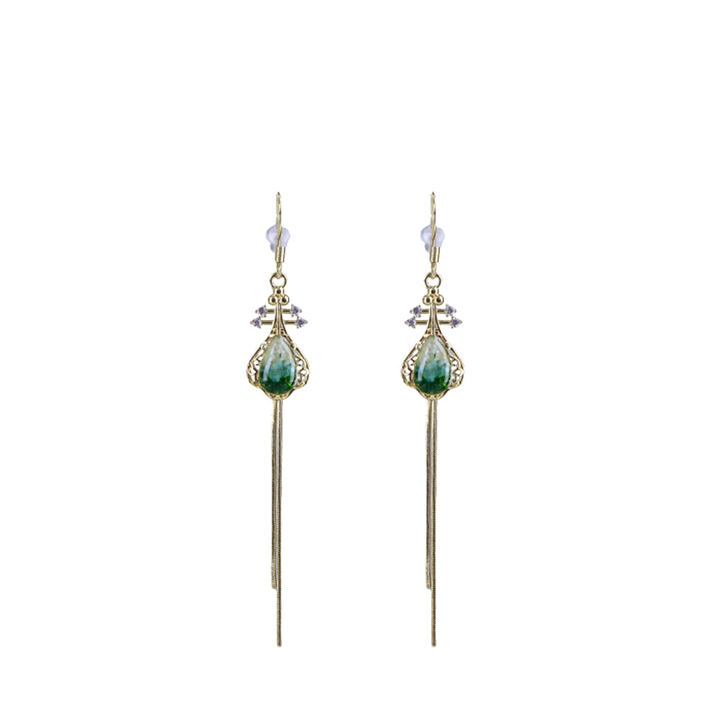 Colored Stone Inlaid Tassel Pipa Earrings Emerald Green Series
