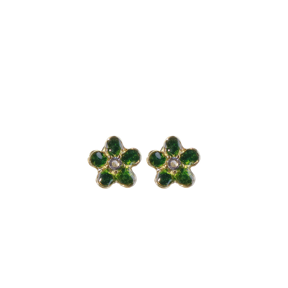Colored Stone Inlaid Five-Petal Flower Emerald Green Earrings