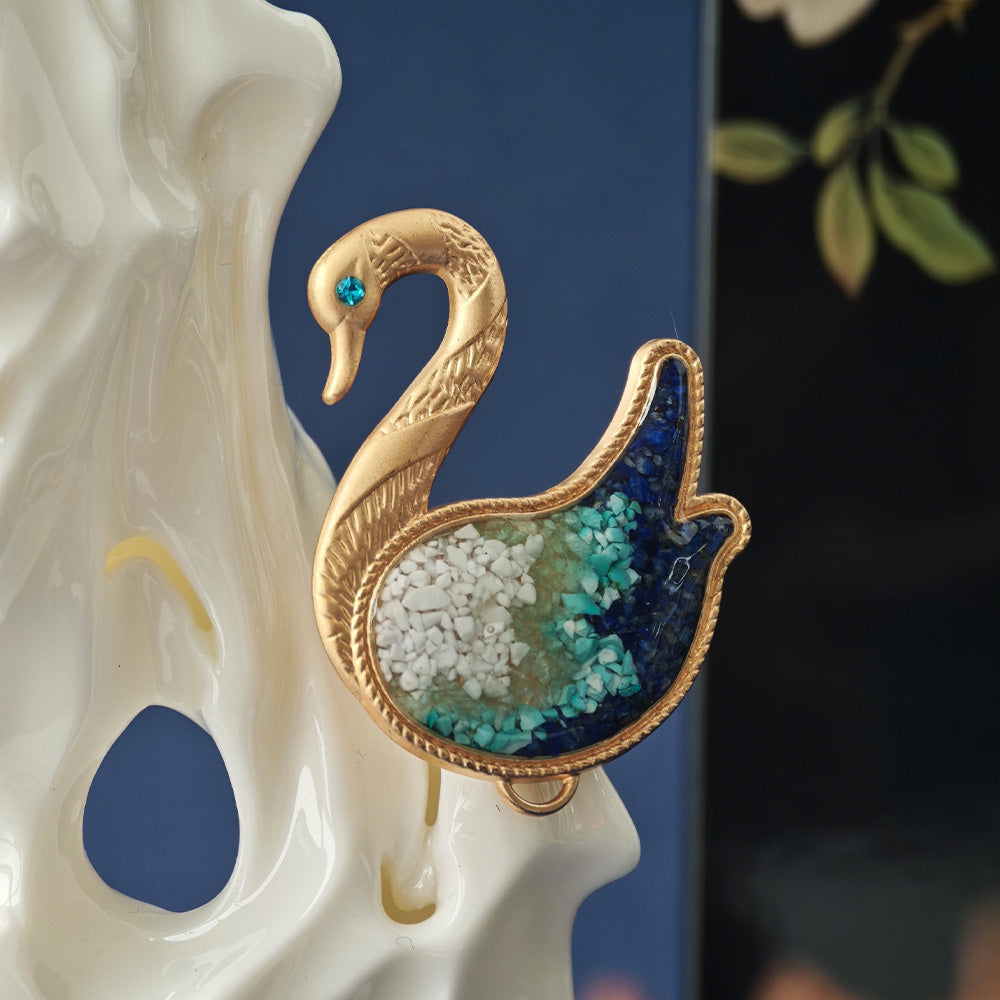 Blue-and-White Porcelain & Colored Stone Inlay Swan Brooch