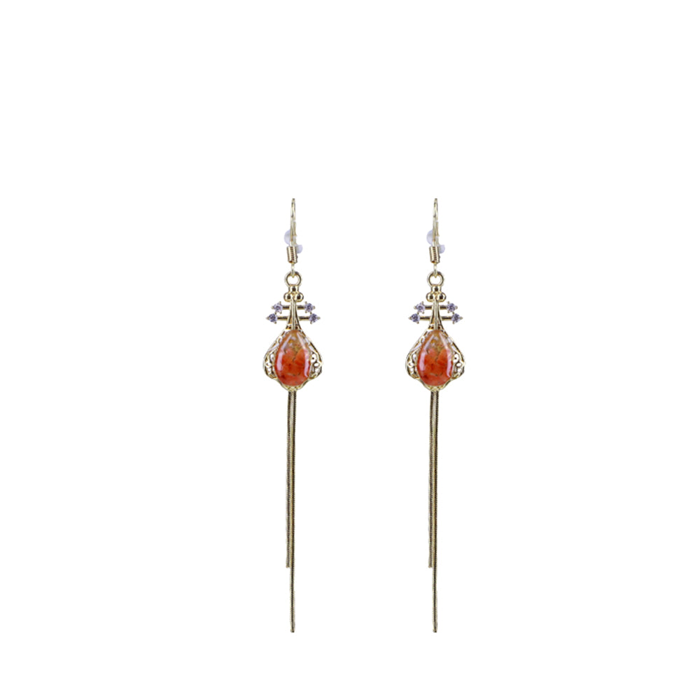 Colored Stone Inlaid Tassel Pipa Earrings Red Prosperity Series