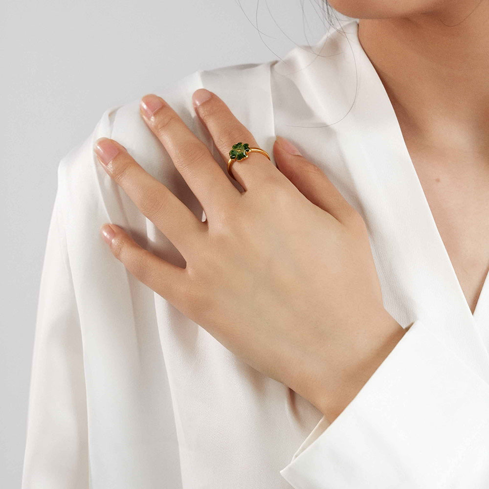 Adjustable Emerald Green Four-Leaf Clover Ring with Colorful Stone Inlay
