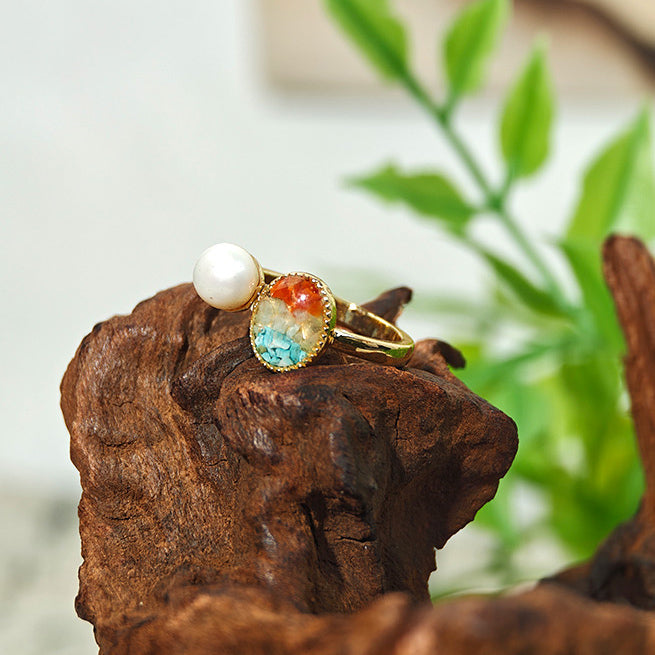 Color Stone Inlay Oval Pearl Ring – Dunhuang Color Series