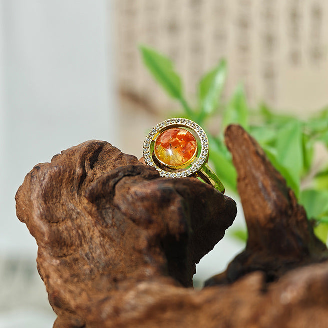 Red Prosperous Big Round Bean Ring Inlaid with Colored Stones