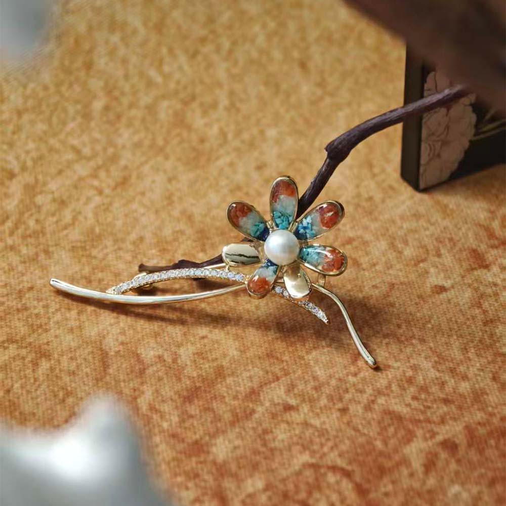 Dunhuang Style Stone Inlay Daisy Flower Brooch