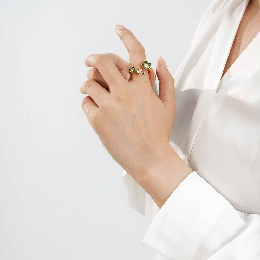 Colored Stone Inlaid Jade Green Peach Blossom Ring
