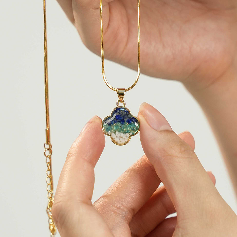 Color Stone Inlay Necklace – Single-Sided Clover, Blue & White Style