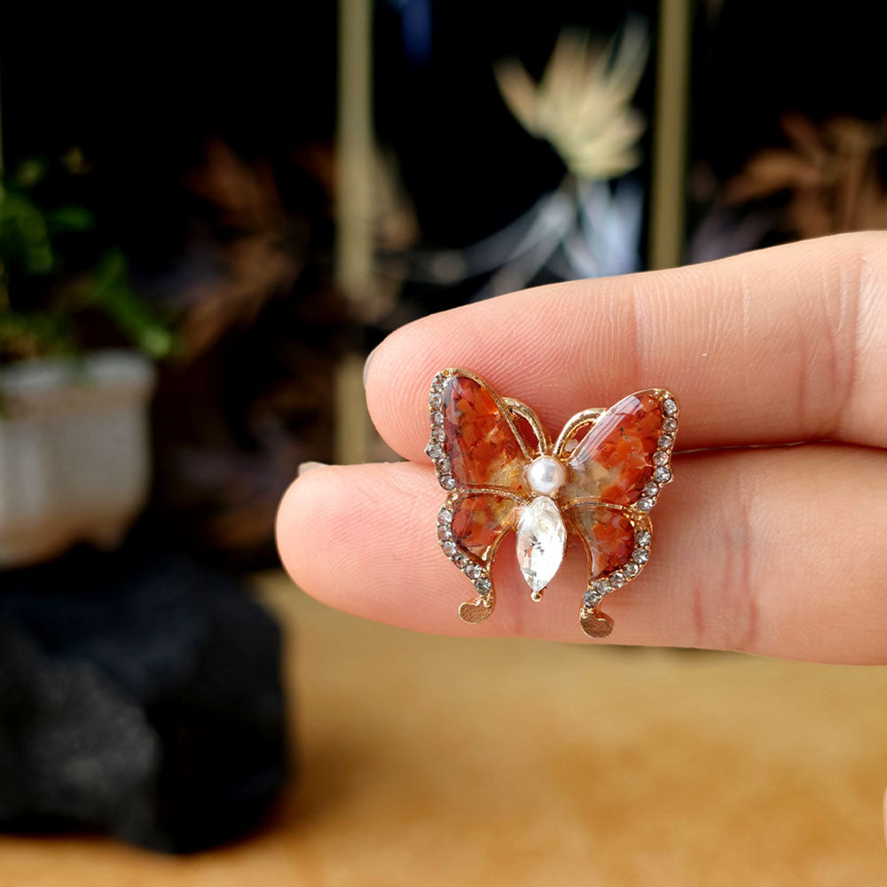 Colored Stone Inlay Butterfly Brooch with Tiny Pearls – Prosperous Red Series