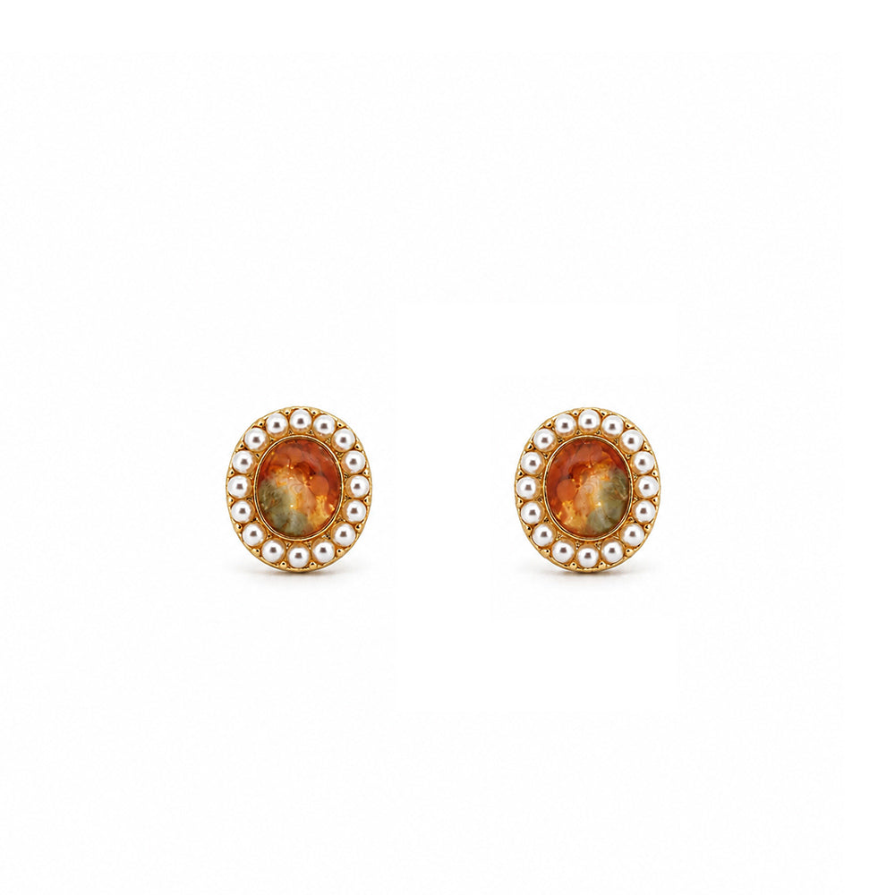 Colorstone Inlay Pearl Oval Stud Earrings, Spring Series