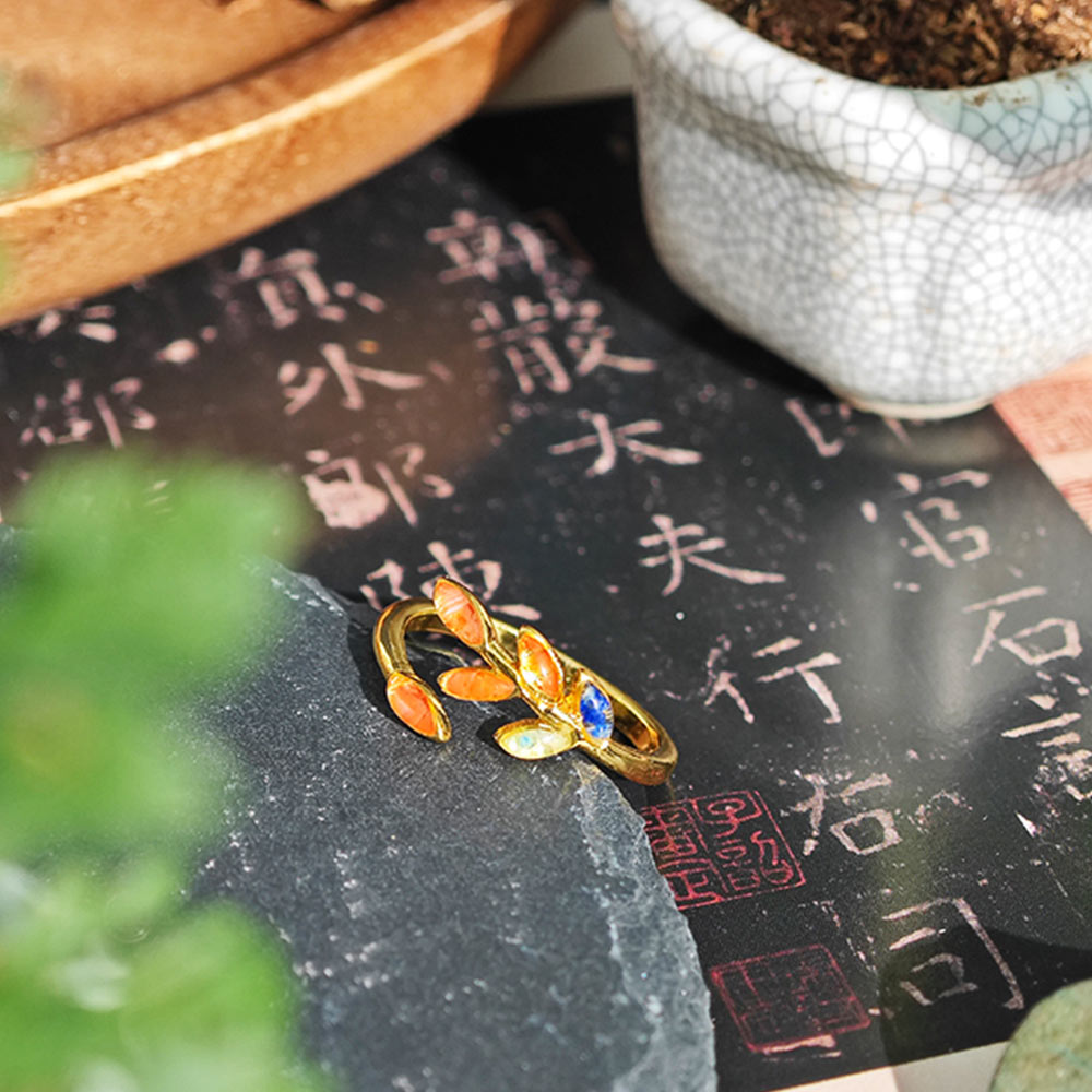Dunhuang-Colored Olive Branch Ring Inlaid with Colored Stones