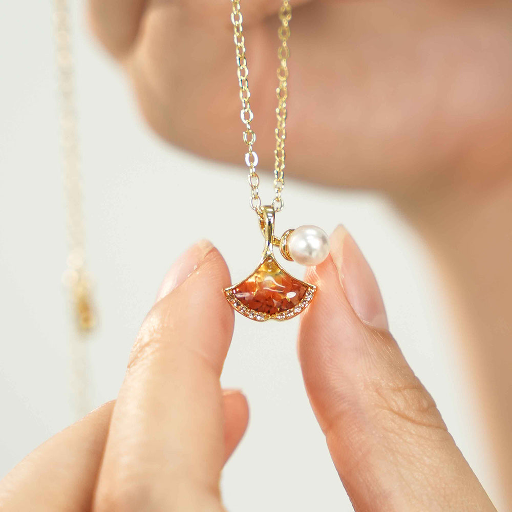 Color Stone Inlay Necklace – Ginkgo Leaf, Prosperous Red
