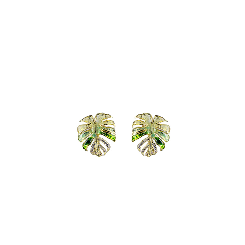 Jade Green Palm Leaf Gem Stud Earrings